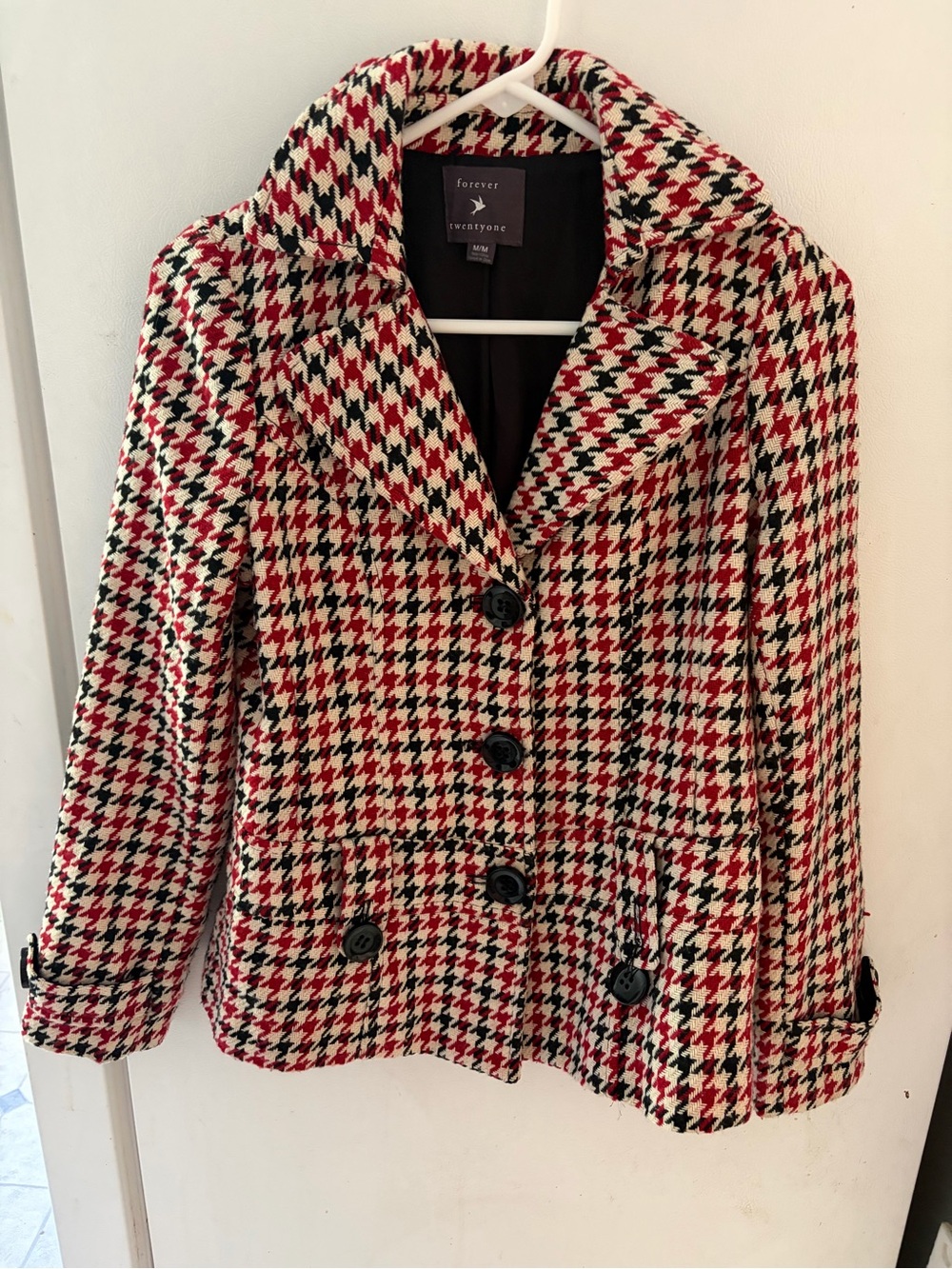 Forever 21 Red, Black & Cream Houndstooth Peacoat